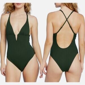 Shade & Shore Swimsuit One Piece Green Ribbed Plunge Swimsuit Size Large NEW